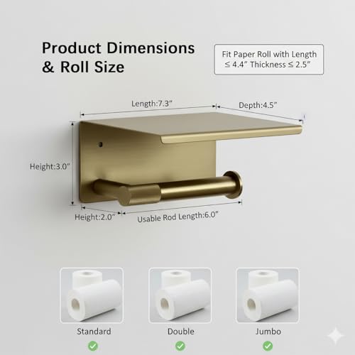 Toilet Paper Holder with Shelf, 304 Stainless Steel PVD Brushed Gold Finish | Wall Mount Toilet Tissue Roll Holder with Shelf for Bathroom Storage, Solid Brass Roll Bar with Knurled Texture Design - color: Pvd Brushed Gold Finish