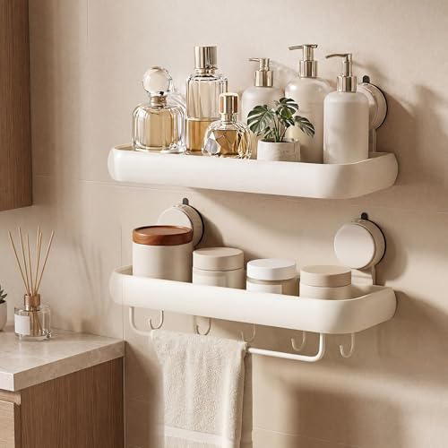 Aluminum Corner Shower Caddy Suction Cup, 2 Pack Cream White No Drilling Shower Shelves, Detachable and Reusable Shower Organizer with Removable Hooks and Towel Bar - color: Rectangle-White