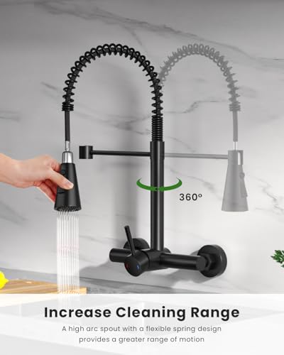 Matte Black Wall Mount Kitchen Faucet Single Handles, 8 Inch Center Wall Commercial Utility Sink Faucet with Pull Out Sprayer 3 Modes - color: Wall Mount-Matte Black, style: Wall Mount
