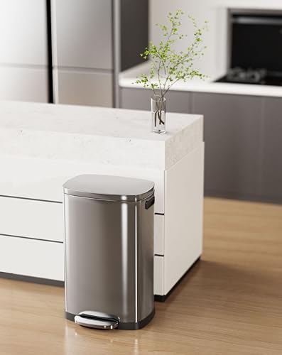 ELPHECO Kitchen Trash Can with Lid 13 Gal Stainless Steel Pedal Garbage Can | Soft Close Lid, Pedal, Heavy-Duty Fingerprint Proof Step Wastebasket with 20 Bags, Removable Bucket, Home Office, Silver - color: Silver