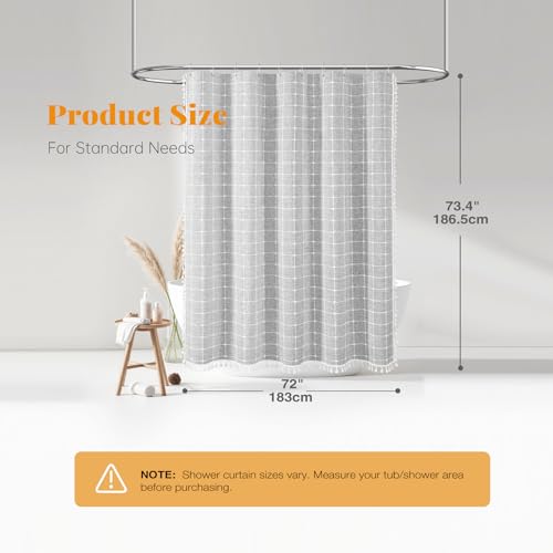 Grey Boho Farmhouse Linen Heavy Duty Shower Curtain Set, 72x72, Gray | 330GSM Linen Blend, Classic Plaid, 3-side Tassels, Water Repellent Fabric, 12 Plastic Hooks, Bohemian Style, Machine Washable - color: Grey, size: 72"W x 72"L (Pack of 1)