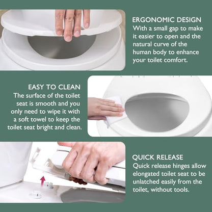Toilet Seat Elongated, Slow Close Hinges, Non-Slip Bumpers, White | Easy Clean Toilet Seat Cover, Two Mounting Kits, Durable High-Gloss Plastic, Quick-Release, for Standard Elongated Toilets - size: Elongated