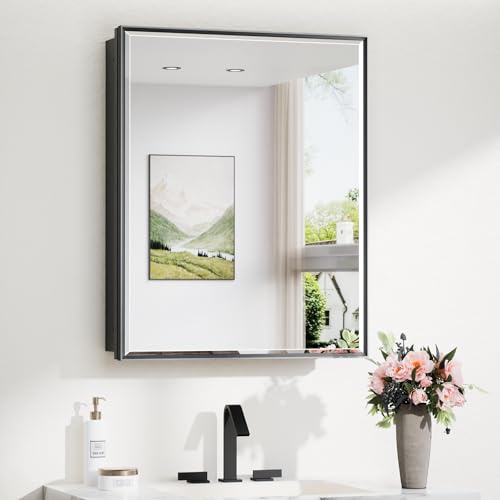 TokeShimi 24x30 Recessed Medicine Cabinet with Mirror Wall Mounted, Metal Beveled Mirror with Storage for Bathroom Vanity, Aluminum Alloy Medicine Cabinet Mirrored Black - color: Black, size: 24x30 IN
