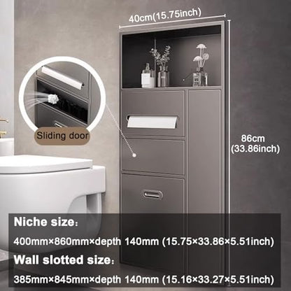 Recessed Bathroom Niche Cabinet, Stainless Steel Wall Mounted Bathroom Storage Organizer with Trash Can, Tissue Holder & Detachable Shelves, Waterproof Shower Niche Bathroom Shelf - color: Gray
