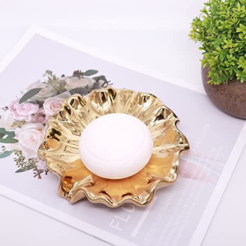 Lotus Leaf Soap Dish Gold Ceramic Soap Holder Self Draining Soap Dish Waterfall Slot Sponge Holder Bathroom Accessories for Bathroom, Kitchen,Bar Counter. - color: Gold