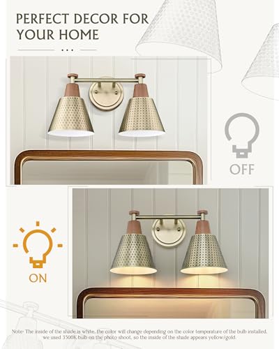 FEMILA 2 Light Bathroom Vanity Light Fixtures Over Mirror, Modern Brass Gold Bathroom Lighting Fixtures with Metal Shades, Woodgrain Finish, 4FG59B-2W BG-NW - color: Brass Gold & New Woodgrain, size: 15"