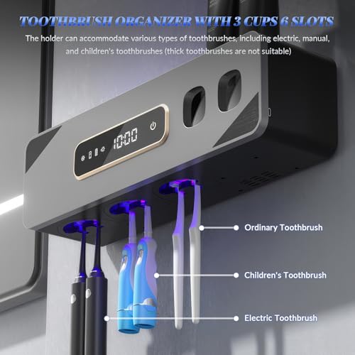 Smart Cleaning Toothbrush Holder, Smart Drying & Cleaning Bathroom Toothbrush Holder with 2 Toothpaste Dispensers, Wall Mounted Organizer for Electric/Manual Toothbrushes with 3 Cups 6 Slots (Gray) - color: Gray