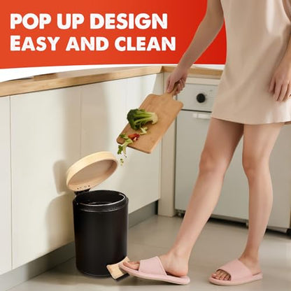 Small Bathroom Trash Can with Natural Bamboo Lid Soft Close，3 Liter / 0.8 GallonStainless Steel Garbage Can with Removable Inner Bucket andStep Pedal（Black） - color: Black