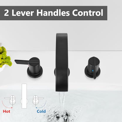 Matte Black Bathroom Faucet 3 Hole 8 Inch Widespread Waterfall | 2-Handle Vanity Faucet, Pop-Up Drain, Supply Lines, Adjustable 4- to 16-Inch Widespread Fit, 360° Swivel Spout - color: Matte Black