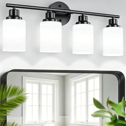 4-Light Bathroom Light Fixtures, Black Vanity Lights for Mirror with Textured Milky White Glass Shade, Modern Kitchen Light Fixtures Wall Sconce Light - E26 Base - color: Black, size: 24.6 Inch : 4-Light