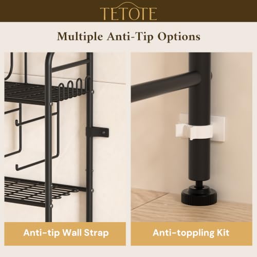 TETOTE Over The Toilet Storage Rack, 3-Tier Bathroom Organizer Shelf Over Toilet with Toilet Paper Roll Holder, Freestanding Metal Rack, Black
