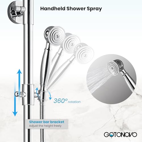 gotonovo Exposed Shower Faucet Set with Tub Spout Polished Chrome | Brass Bathroom Shower System,8 Inch Rainfall Head with Handheld Spray and Tub Filler,Adjustable Height,6’’ Hole Distance - color: Chrome