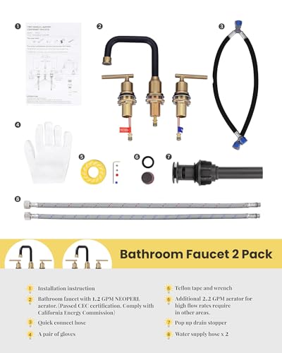 WOWOW Black Gold Bathroom Faucet 3 Hole, Widespread Vanity Sink Faucets | Copper Inlet Faucet for Bathroom Sink with Swivel Spout, 2 Handles Lavatory Tap with Drain and cUPC Supply Line (Set of 2) - color: Black and Gold x 2, style: Upgrade-8 Inch