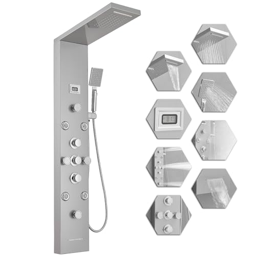 6 IN 1 Shower Panel Tower System Stainless Steel Wall Mounted | Rainfall Waterfall Shower Head,Two Mode Body Jets,Waterfall Tub Spout,with Temperature Display,Brushed Nickel and Chrome - color: Brushed Nickel and Chrome