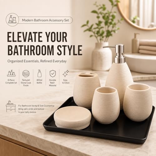 Bathroom Ceramic Accessories Set, 6 Piece Bathroom Set with Including Soap Dispenser Mouthwash Cup Soap Dish Toothbrush Holder Tray (White) - color: White
