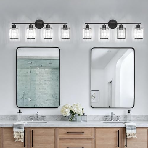 4 Light Bathroom Light Fixtures, Modern Crystal Vanity Lights over Mirror | Metal Frame, Bathroom Light with Square Crystal Shade, ETL Certified, E26 Ceramic Socket, Bulbs Not Included - color: Black, size: 4-Light