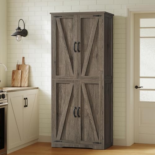 Tall Storage Cabinet, Kitchen Pantry Cabinet with 4 Shelves, Adjustable Shelves, Pantry Cabinets with 4 Barn Doors, Tall Kitchen Cabinets for Dining Room, Living Room, Dark Walnut - color: Dark Walnut 4 Doors