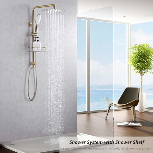 SonTiy Rain Shower Head System with Handheld Spray, 360° Adjustable Shower Arm Exposed Showerhead Kit with Caddy for Whole Family, Brushed Gold - color: Brushed Gold, style: 2.5 Gallons Per Minute-Square