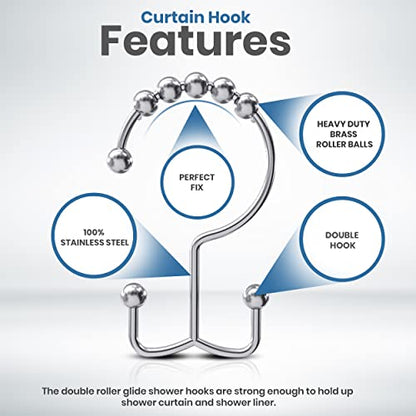Utopia Bedding Double Glide Shower Curtain Hooks, 12 Pack, Nickel | Premium rust-resistant shower curtain rings provide reliable performance in bathrooms, guest rooms, and hotels - color: Chrome