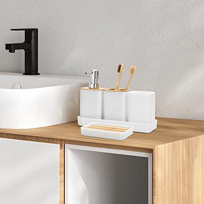 FEILANDUO Bathroom Accessories Set,5 Pcs Bathroom Accessory Gift Set, Soap Dispenser, Soap Dish, Toothbrush Holder, Toothbrush Cup, Vanity Tray, Boho, Modern Bathroom Decor (White) - style: White