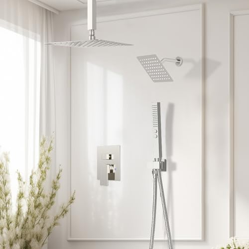 STARBATH Shower Faucet Set Shower System with Diverter Valve Brushed Nickel | 12 Inch Ceiling Mount Rain Shower Head, 6 Inch Wall Mount Rainfall Shower Head and 2-in-1 Handheld Spray for Two Person - color: Brushed Nickel, size: 12"+6"-03