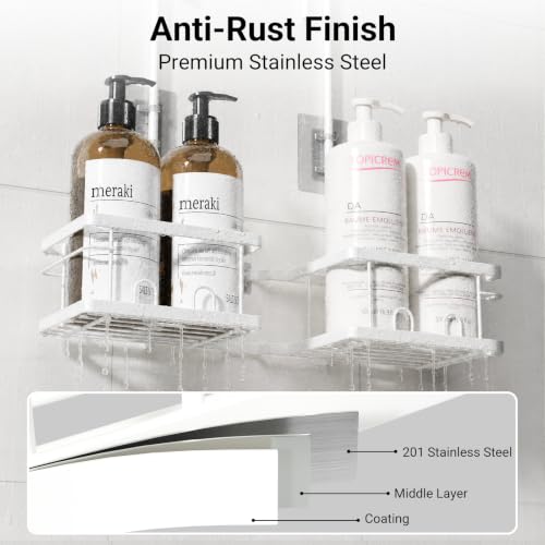 Adjustable Shower Caddy Hanging Rustproof Shower Caddy for Handheld Showerheads, Shower Organizer with Hooks Soap Holder, Anti-Swing Shower Rack Bathroom Accessories (White) - color: White