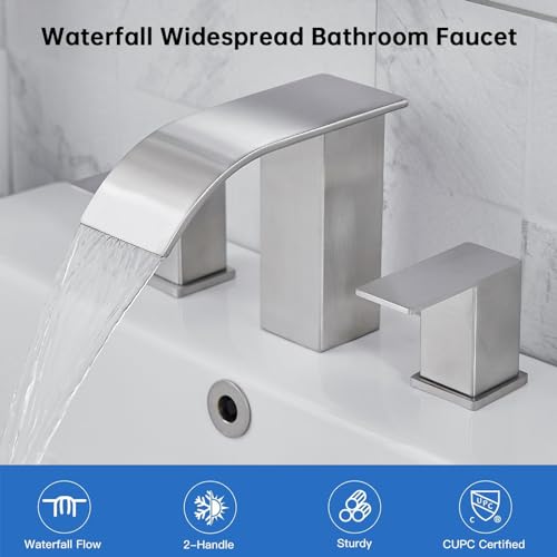 RUMOSE Bathroom Faucets Nickel Bathroom Sink Faucet 3 Hole with Drain | 8 inch Widespread 2 Handles Lavatory Vanity Faucet Set, Waterfall Spout, Deck Mounted, Pop Up Drain, Stainless Steel - color: Brushed Nickel