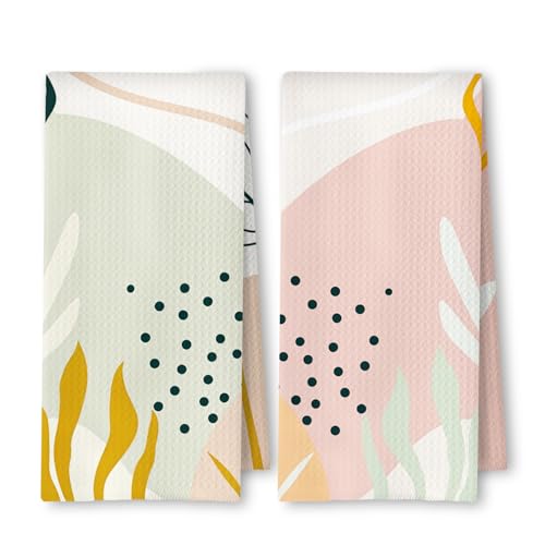Abstract Boho Floral Kitchen Towels Set of 2, Green and Pink Boho Botanical Leaf Dish Tea Towels for Kitchen Decor, Mid Century Modern Hand Towels for Bathroom Decor, 16x24 Inch - color: Green and Pink