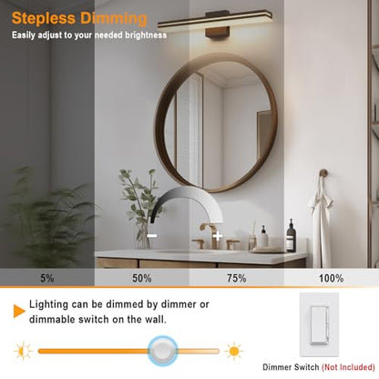 SineRise LED Modern Bathroom Vanity Light Fixtures (24-Inch, 3000K/4000K/6000K, Dimmable), Brown Wood Painted Modern Acrylic Bathroom Wall Lighting Fixtures Over Mirror - color: Brown, size: 24-Inch