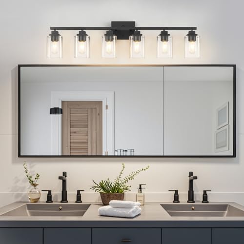 Matte Black Bathroom Vanity Light, 6-Light Modern Vanity Lighting Fixtures Over Mirror with Clear Glass Shade,Square Design,Wall Sconces for Living Room Cabinet Bedroom,E26 Socket - size: 6-Light