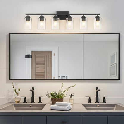 Matte Black Bathroom Vanity Light, 6-Light Modern Vanity Lighting Fixtures Over Mirror with Clear Glass Shade,Square Design,Wall Sconces for Living Room Cabinet Bedroom,E26 Socket - size: 6-Light