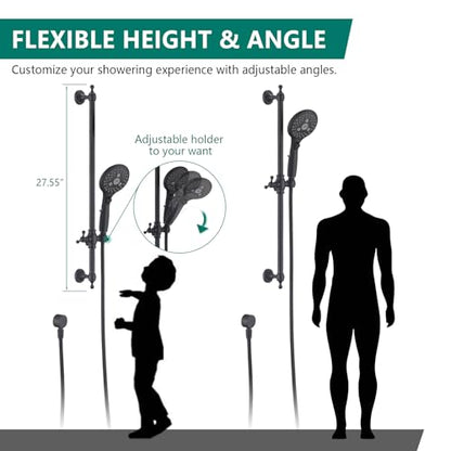 Handheld Shower Head with Slide Bar Combo, 6 Settings Handheld Shower with ON/OFF Pause Switch, Adjustable Height 27.5" Long Slide Bar, Wall Supply Elbow and 6.6ft Shower Hose, Matte Black - color: Matte Black