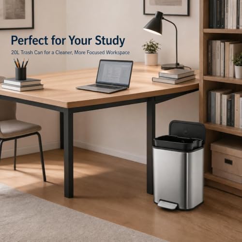 GarveeHome 5.3 Gallon Trash Can, Stainless Steel Step Trash Can, Silver | Soft Close Lid, Foot Pedal and Removable Inner Bucket, Rectangular Garbage Can for Kitchen, Bathroom, Office, Living Room - color: Stainless Steel, size: 20 L