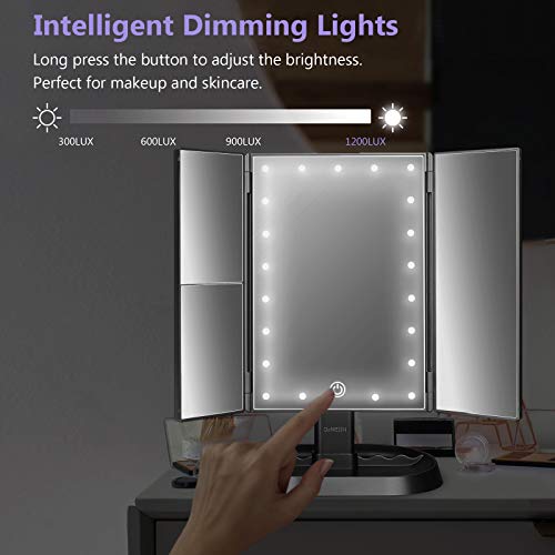 Trifold Lighted Vanity Makeup Mirror with 21 LEDs Lights,1x/2x/3x Magnification and Touch Screen Dimming,Two Power Supplies Makeup Mirror, Gift for Women - color: Black