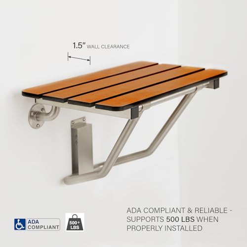 Seachrome 30-inch x 15-inch in ADA Folding Wall Mount Bathroom Shower Seat Bench, Teak Phenolic Seat - color: Teak, size: 30"