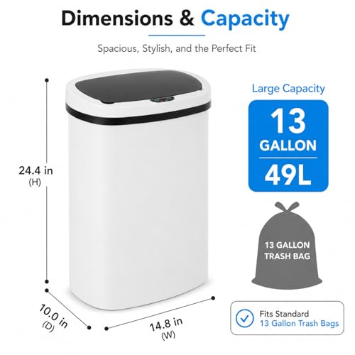 13 Gallon Kitchen Trash Can with Lid,Automatic Touchless Garbage Can for Kitchen,PP Plastic Motion Sensor Trash Can,Tall Large-Capacity Trash Bin,Hands-Free Smart Waste Bin for Home - color: White