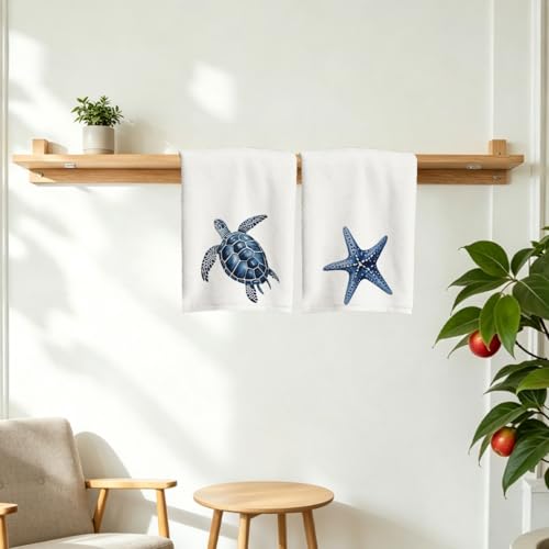 Coastal Kitchen Towels Set of 4, Crab Coral Sea Turtle Starfish Decorative Waffle Weave Dish Towel Hand Towel Tea Towels for Kitchen Bathroom Home Decor