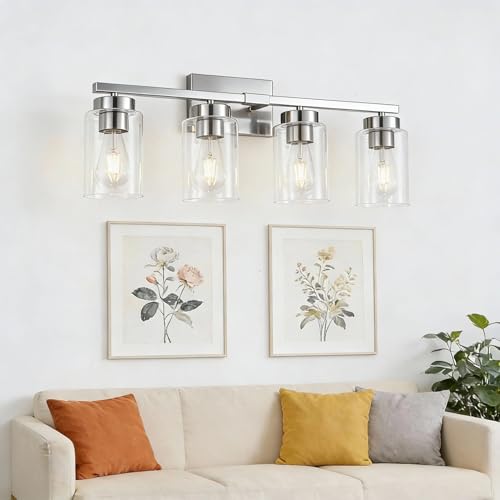 4-Light Bathroom Light Fixtures, Nickel Modern Vanity Lights Over Mirror, Bathroom Wall Sconces with Clear Glass Shade for Living Room Bedroom Hallway Cabinet Porch - color: Nickel