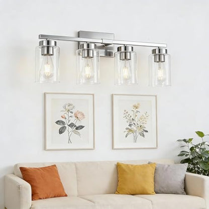 4-Light Bathroom Light Fixtures, Nickel Modern Vanity Lights Over Mirror, Bathroom Wall Sconces with Clear Glass Shade for Living Room Bedroom Hallway Cabinet Porch - color: Nickel