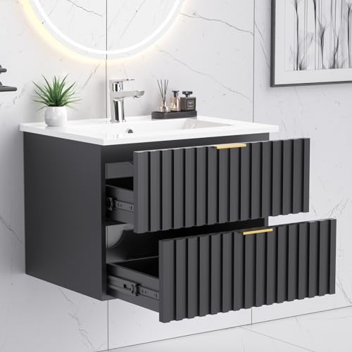 ONBRILL 24 Inch Bathroom Vanity with Sink Combo, Floating Bathroom Vanity with 2 Fluted Drawers & Metal Handle, Modern Wall Mount Storage Cabinet with Ceramic Integrated Sink for Small Space (Black) - color: Black, size: 24"