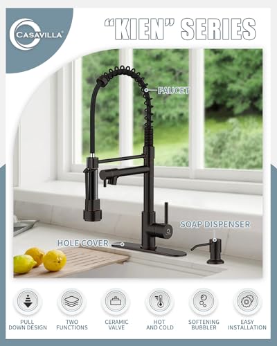 Kitchen Faucet,Oil Rubbed Bronze Faucet with Soap Dispenser,Black Kitchen Faucets with Pull Down Sprayer,Kitchen Sink Faucet with Dual Function Spray Head for 1-4 Holes Kitchen Sink - color: F.Oil Rubbed Bronze, style: 1.Faucet+Soap Dispenser+Hole Cover