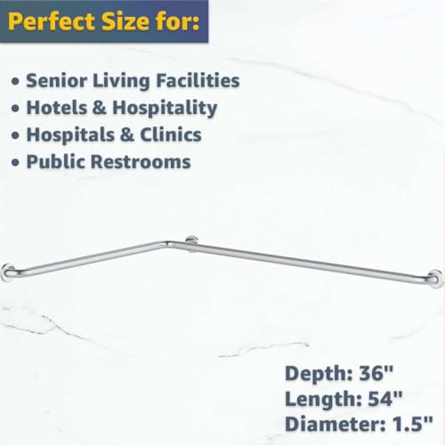 54" x 36" Corner Grab Bar with Satin Peened Grip - Stainless Steel L-Shaped Safety Rail, Wall Mounted Restroom Support Bar, 250 lb. Capacity, Commercial Bathroom Handrail - size: 54" x 42"