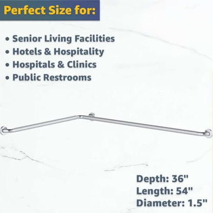 54" x 36" Corner Grab Bar with Satin Peened Grip - Stainless Steel L-Shaped Safety Rail, Wall Mounted Restroom Support Bar, 250 lb. Capacity, Commercial Bathroom Handrail - size: 54" x 42"