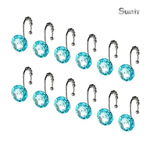 Sunlit Luxury Design Round Teal Blue Diamond Crystal Gem Bling with Glide Balls Shower Curtain Hooks for Mermaid Shower Curtains, Rust Proof Metal Rhinestones Glam Shower Curtain Rings-12 Pack - color: Teal