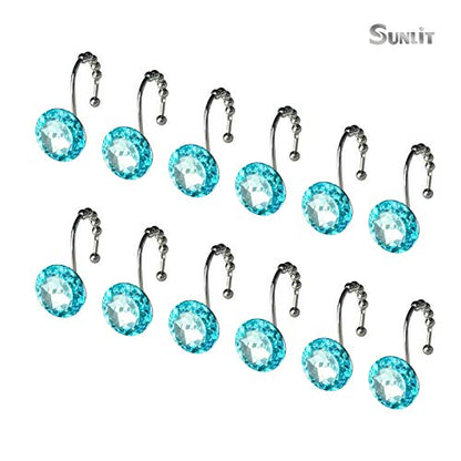 Sunlit Luxury Design Round Teal Blue Diamond Crystal Gem Bling with Glide Balls Shower Curtain Hooks for Mermaid Shower Curtains, Rust Proof Metal Rhinestones Glam Shower Curtain Rings-12 Pack - color: Teal