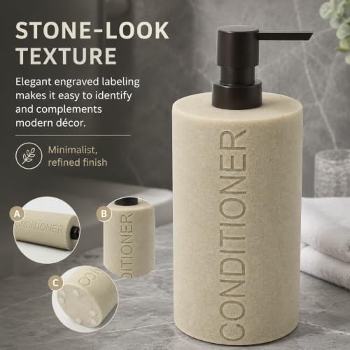 Resin Tan Sandstone Conditioner Engraved Bottle Refillable Pump Dispenser, Durable Waterproof Resin Construction for Bath, Shower - Tan Sandstone ORB Pump - color: Tan Sandstone Resin, Orb Pump - Conditioner