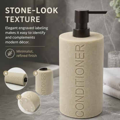 Resin Tan Sandstone Conditioner Engraved Bottle Refillable Pump Dispenser, Durable Waterproof Resin Construction for Bath, Shower - Tan Sandstone ORB Pump - color: Tan Sandstone Resin, Orb Pump - Conditioner