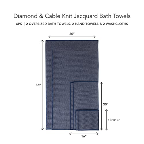 Texere 100% Organic Cotton Jacquard 650 GSM Premium Bath Towel Sets - Extra Absorbent Quick Dry and Plush, 2 Large Bath Towels, 2 Hand Towels, 2 Washcloths (Cable, Estate Blue, 6 Piece) - color: Estate Blue (Cable)