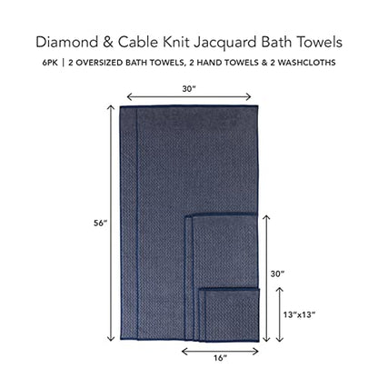 Texere 100% Organic Cotton Jacquard 650 GSM Premium Bath Towel Sets - Extra Absorbent Quick Dry and Plush, 2 Large Bath Towels, 2 Hand Towels, 2 Washcloths (Cable, Estate Blue, 6 Piece) - color: Estate Blue (Cable)