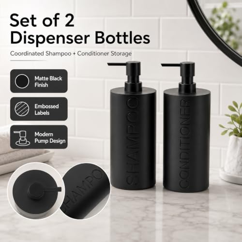 2-Pack Matte Black Resin Refillable Shampoo & Conditioner Bottles – Modern Bathroom Pump Dispenser Set, Durable Resin Shower Containers with Embossed Labels, Reusable Pump Bottle - color: 2pack Black Shampoo and Conditioner Set